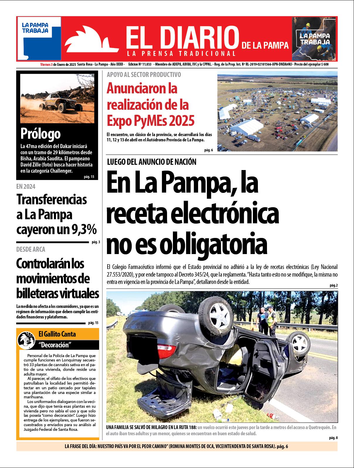 Tapa de El Diario en papel  viernes 03 de enero de 2025